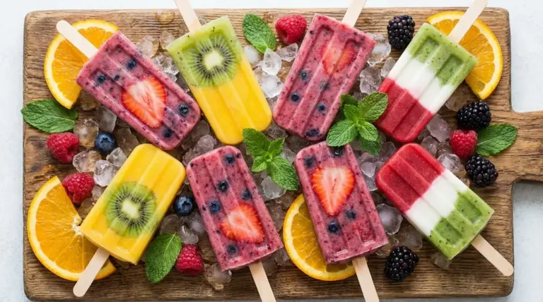 Ghiaccioli fatti in casa alla frutta su letto di ghiaccio, con fette di arancia, frutti di bosco e menta