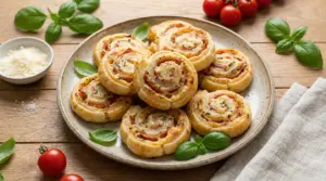 Girelle di pasta sfoglia salate con prosciutto e formaggio su un piatto di ceramica