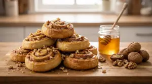 Girelle dolci con miele e noci su tagliere, con barattolo di miele e noci intere accanto