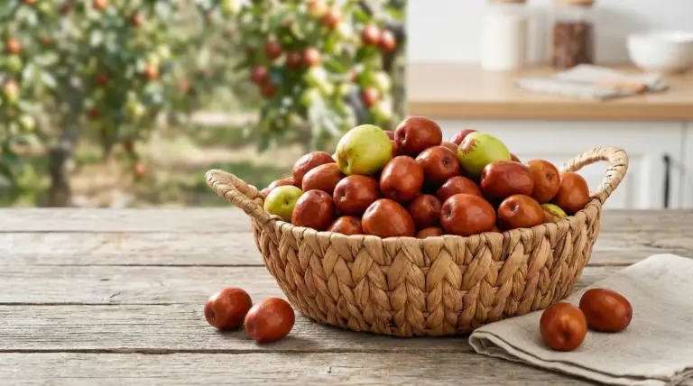 Cesto intrecciato con giuggiole mature su un tavolo di legno in cucina