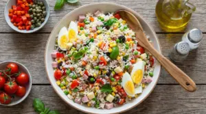 Insalata di riso colorata con uova sode, verdure, prosciutto e formaggio in ciotola