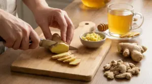 Persona che affetta lo zenzero fresco su un tagliere, con tisana calda e miele sul tavolo
