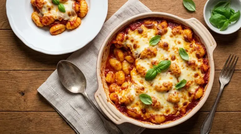Gnocchi alla sorrentina al forno con pomodoro, mozzarella filante e basilico in una teglia da portata