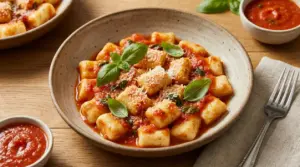 Gnocchi di ricotta morbidi con salsa di pomodoro, basilico fresco e parmigiano in una ciotola