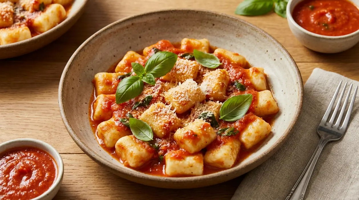 Gnocchi di ricotta morbidi con salsa di pomodoro, basilico fresco e parmigiano in una ciotola