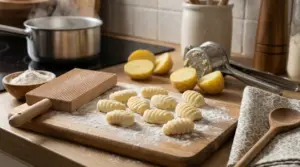 Gnocchi fatti in casa su un tagliere infarinato con patate e utensili da cucina