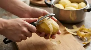 Mani che sbucciano una patata con un pelapatate su un tagliere di legno