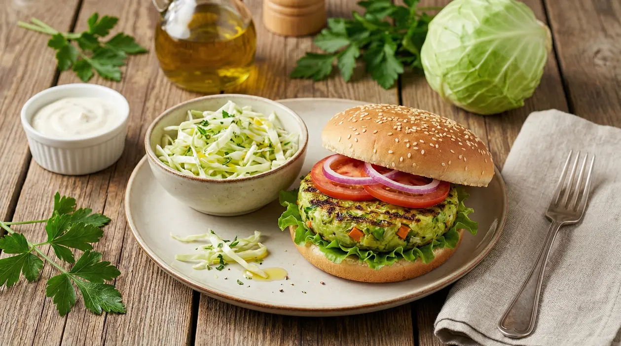 Hamburger di cavolo servito con insalata di cavolo e salsa su un piatto di ceramica.