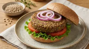 Hamburger di lenticchie nel panino integrale con insalata, pomodoro e anelli di cipolla rossa, servito su piatto