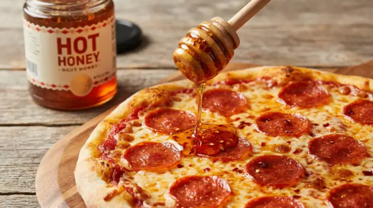 Hot honey colato con spargimiele su una pizza al salame, con barattolo di miele piccante sullo sfondo