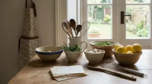 Utensili da cucina, ingredienti freschi e ricette su un tavolo rustico vicino a una finestra