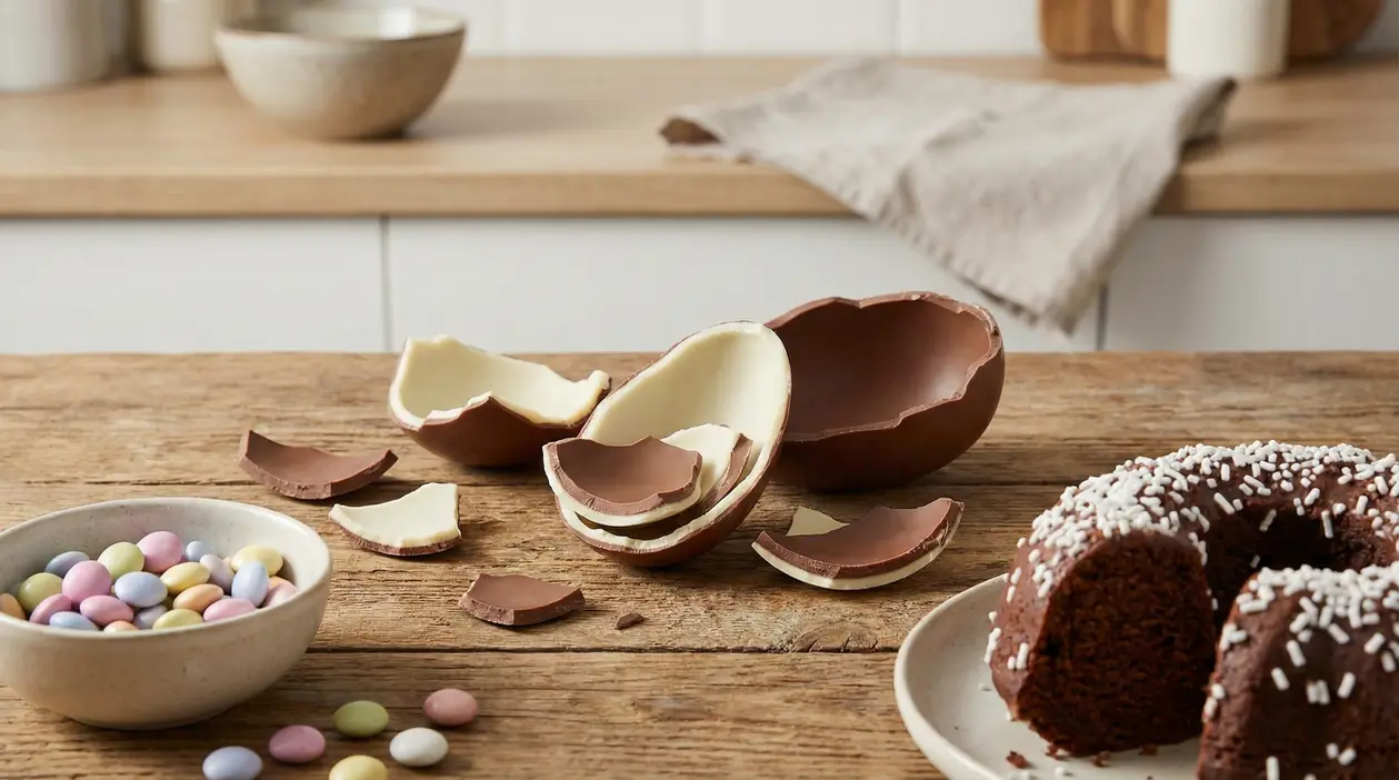 Mezzo uovo di Pasqua rotto, confetti colorati e ciambella al cioccolato su un tavolo in legno