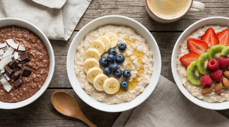Tre ciotole di porridge con frutta fresca, cioccolato e frutta secca su un tavolo di legno