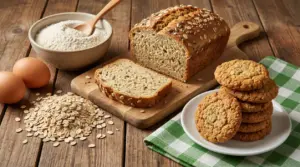 Pane e biscotti all'avena su un tavolo rustico con ingredienti come farina, uova e fiocchi d'avena