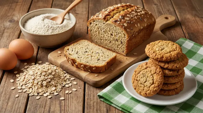 Pane e biscotti all'avena su un tavolo rustico con ingredienti come farina, uova e fiocchi d'avena