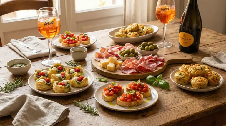 Stuzzichini per aperitivo su un tavolo rustico con bevande, salumi e finger food assortiti