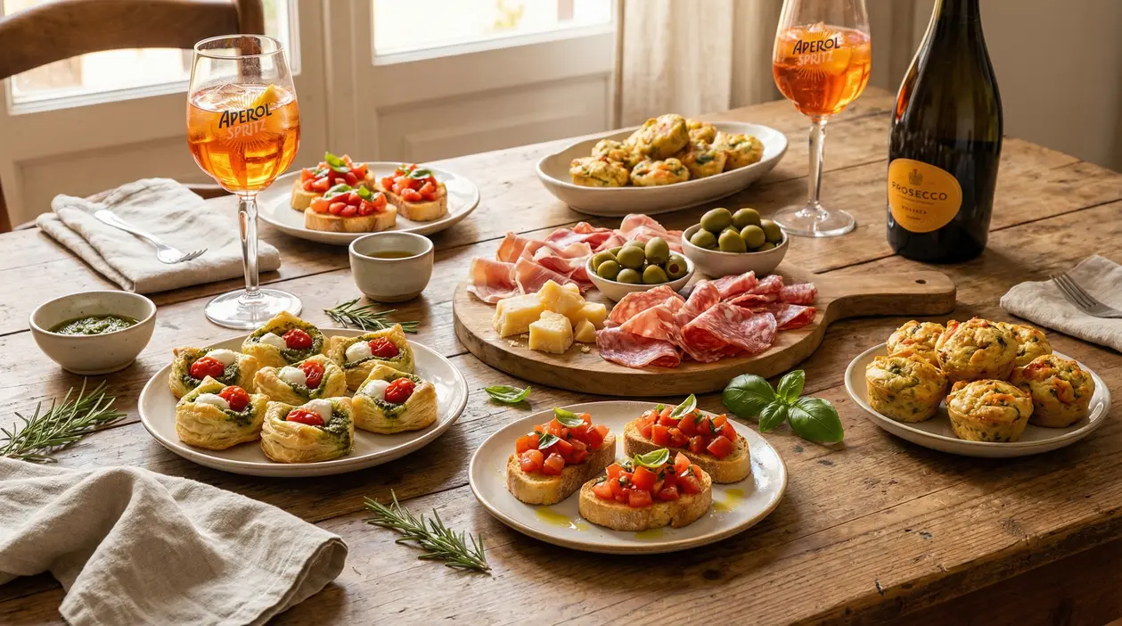 Stuzzichini per aperitivo su un tavolo rustico con bevande, salumi e finger food assortiti