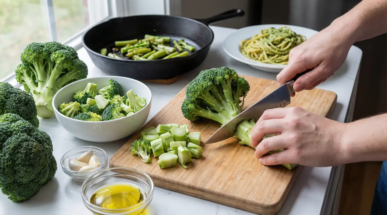 Persona che taglia i gambi di broccoli su un tagliere, con padella e ingredienti pronti in cucina