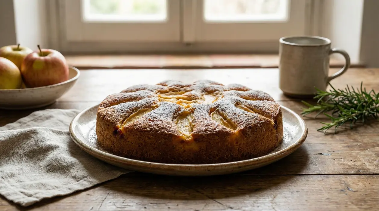 Torta soffice decorata con fettine di mela su un piatto di ceramica