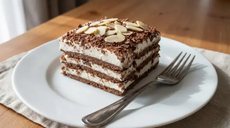 Dolce al cioccolato e panna con scaglie di mandorle su piatto bianco