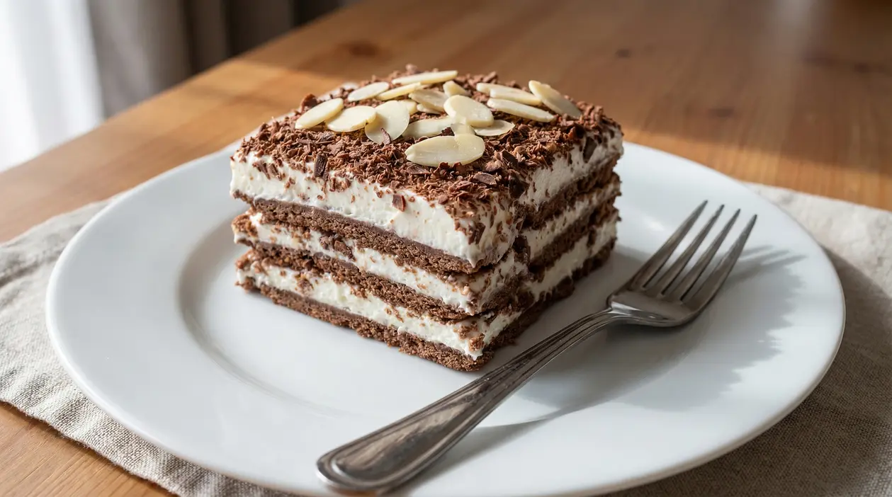 Dolce al cioccolato e panna con scaglie di mandorle su piatto bianco
