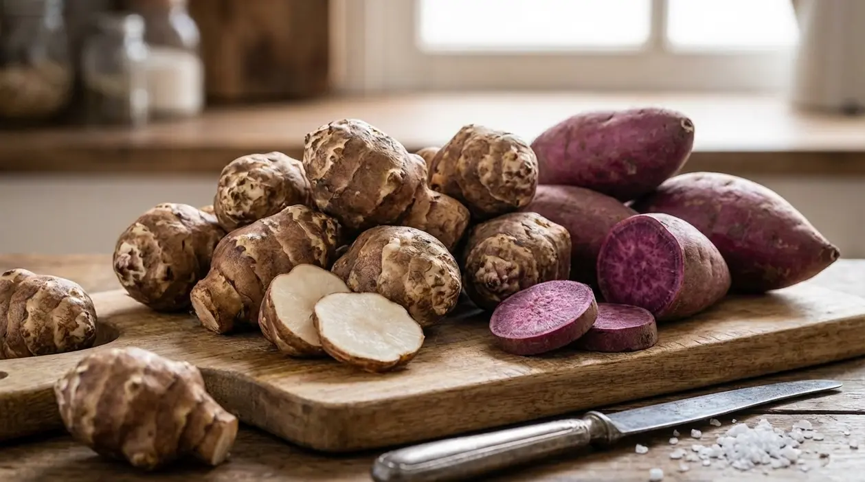 Topinambur e patate dolci viola su tagliere in cucina, con alcune fette tagliate e un coltello