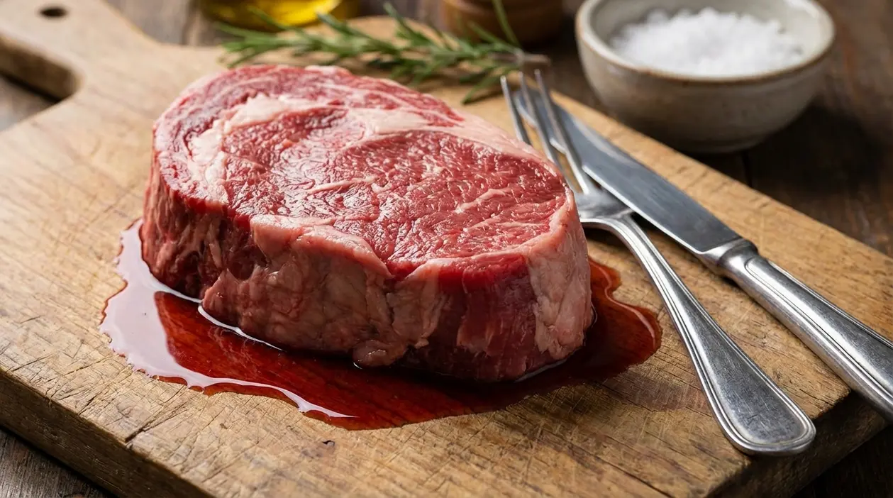 Bistecca cruda su tagliere con liquido rosso e posate accanto, con sale e rosmarino sullo sfondo