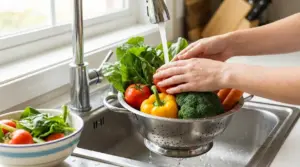 Mani che lavano verdure dell’orto sotto l’acqua nel lavello, con colino pieno di insalata, pomodori e broccoli