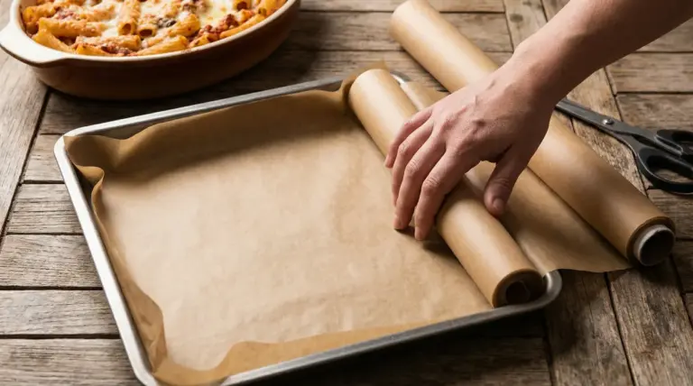 Una mano stende la carta da forno su una teglia rettangolare, pronta per la cottura.