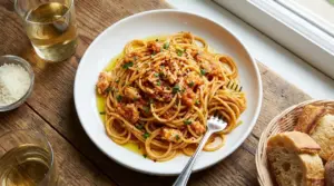 Piatto di spaghetti al sugo con pezzi di pesce e prezzemolo, serviti su tavolo di legno con pane e vino bianco