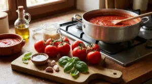 Pentola di salsa di pomodoro sul fuoco con pomodori freschi, basilico, aglio e olio in cucina