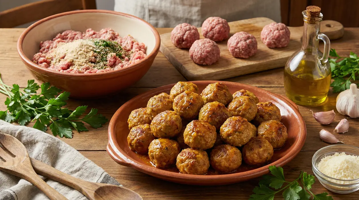 Polpette cotte su piatto di terracotta accanto a ingredienti freschi e carne tritata cruda
