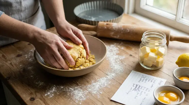 Mani che impastano la pasta frolla su un piano da lavoro con ingredienti freschi