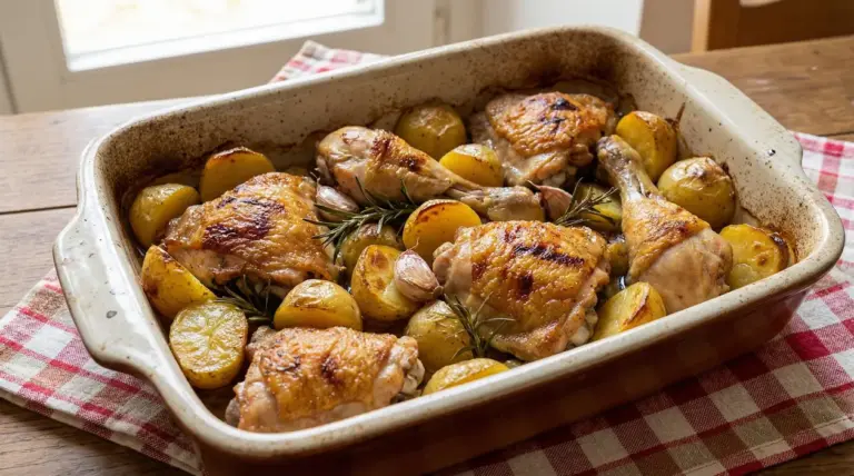 Pollo arrosto con patate e rosmarino in una teglia da forno