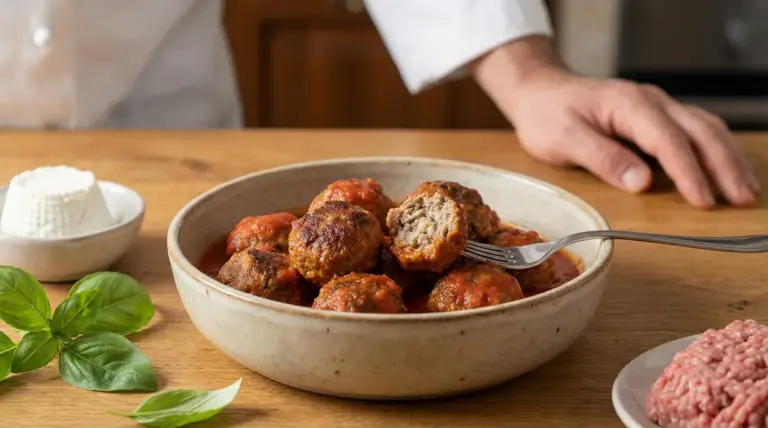 Polpette al sugo servite in una ciotola, con ingredienti freschi come ricotta, basilico e carne macinata sul tavolo.