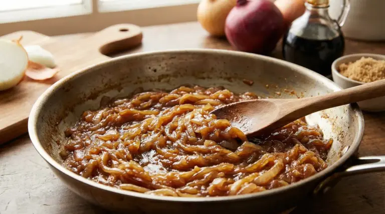Cipolle caramellate in padella con cucchiaio di legno su un tavolo rustico