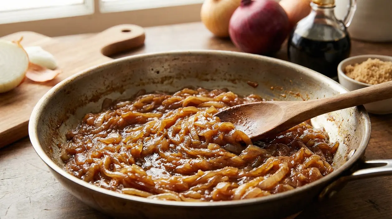 Cipolle caramellate in padella con cucchiaio di legno su un tavolo rustico