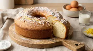 Ciambellone soffice con zucchero a granella su tagliere di legno