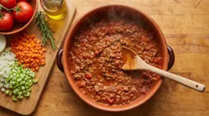 Ragù di carne in pentola di terracotta con cucchiaio di legno, accanto a verdure tritate e olio d’oliva