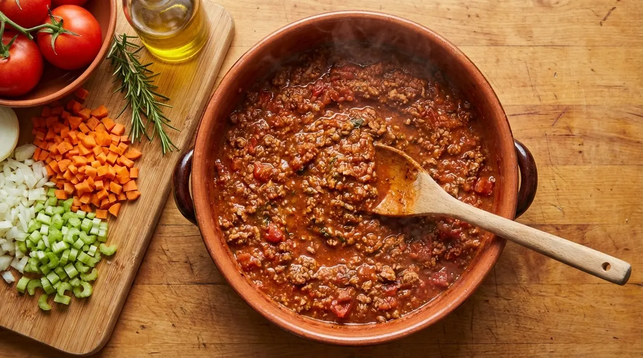 Ragù di carne in pentola di terracotta con cucchiaio di legno, accanto a verdure tritate e olio d’oliva