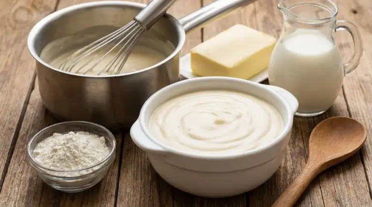 Besciamella cremosa in ciotola con pentolino, frusta, latte, burro e farina su tavolo di legno