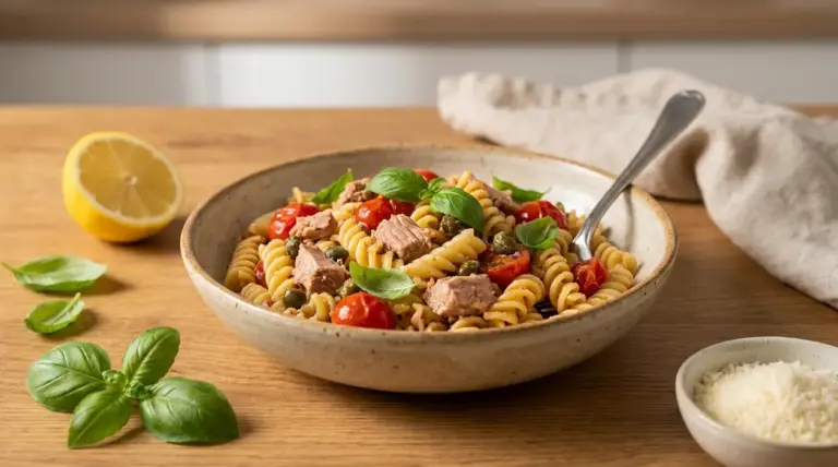 Pasta al tonno con fusilli, pomodorini, capperi e basilico in una ciotola su tavolo di legno