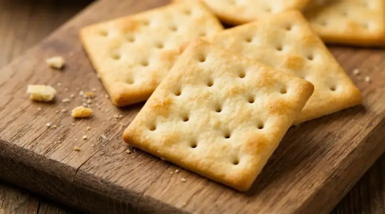 Crackers quadrati con fori superficiali disposti su un tagliere di legno
