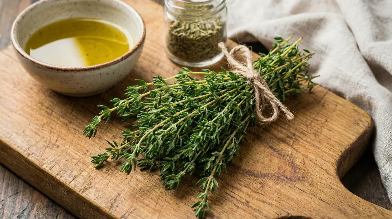 Mazzetto di timo fresco su tagliere di legno con olio d'oliva e vasetto di spezie