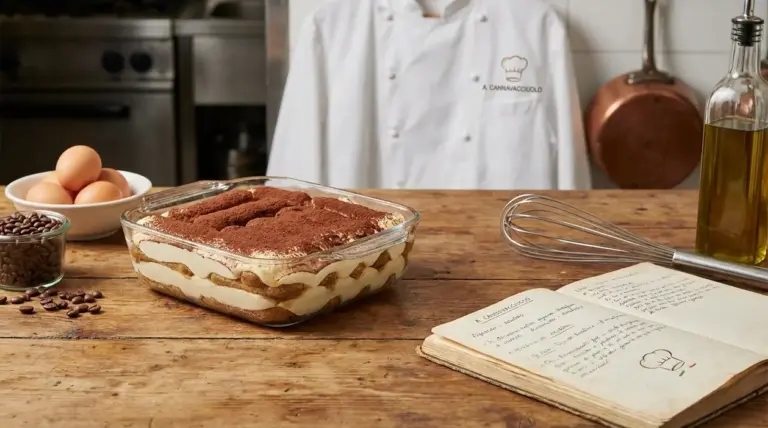 Tiramisù in pirofila su tavolo da cucina con uova, caffè, frusta e ricettario, ispirato alla ricetta di Cannavacciuolo