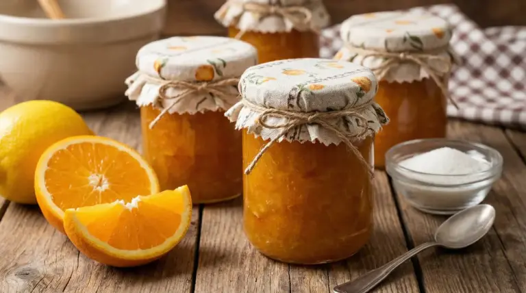 Barattoli di marmellata d'arancia fatti in casa con limoni, zucchero e cucchiaio su tavolo rustico