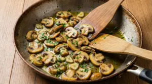 Funghi trifolati in padella con aglio, prezzemolo e olio, mescolati con utensili in legno