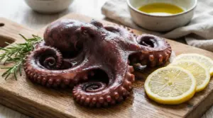 Polpo crudo su tagliere di legno con fette di limone e rosmarino