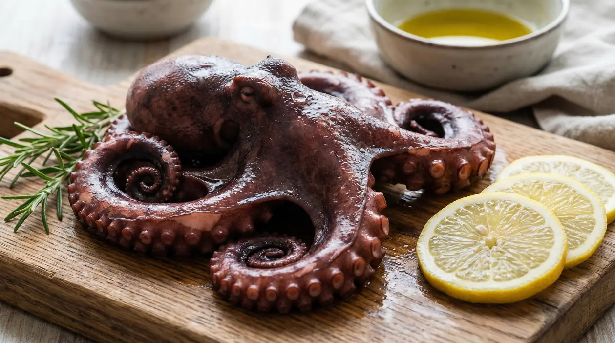 Polpo crudo su tagliere di legno con fette di limone e rosmarino