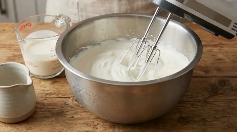 Panna montata in una ciotola di metallo con fruste elettriche su tavolo di legno